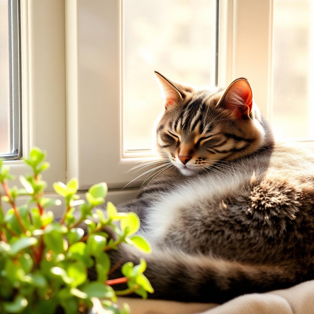 Tabby cat by a sunlit window