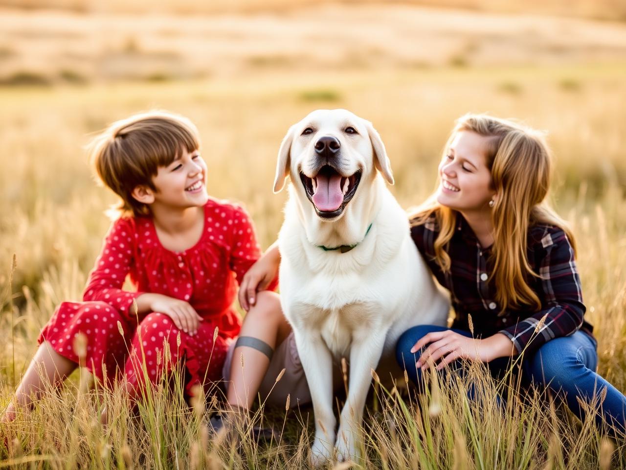Family with a happy dog in a Colorado meadow