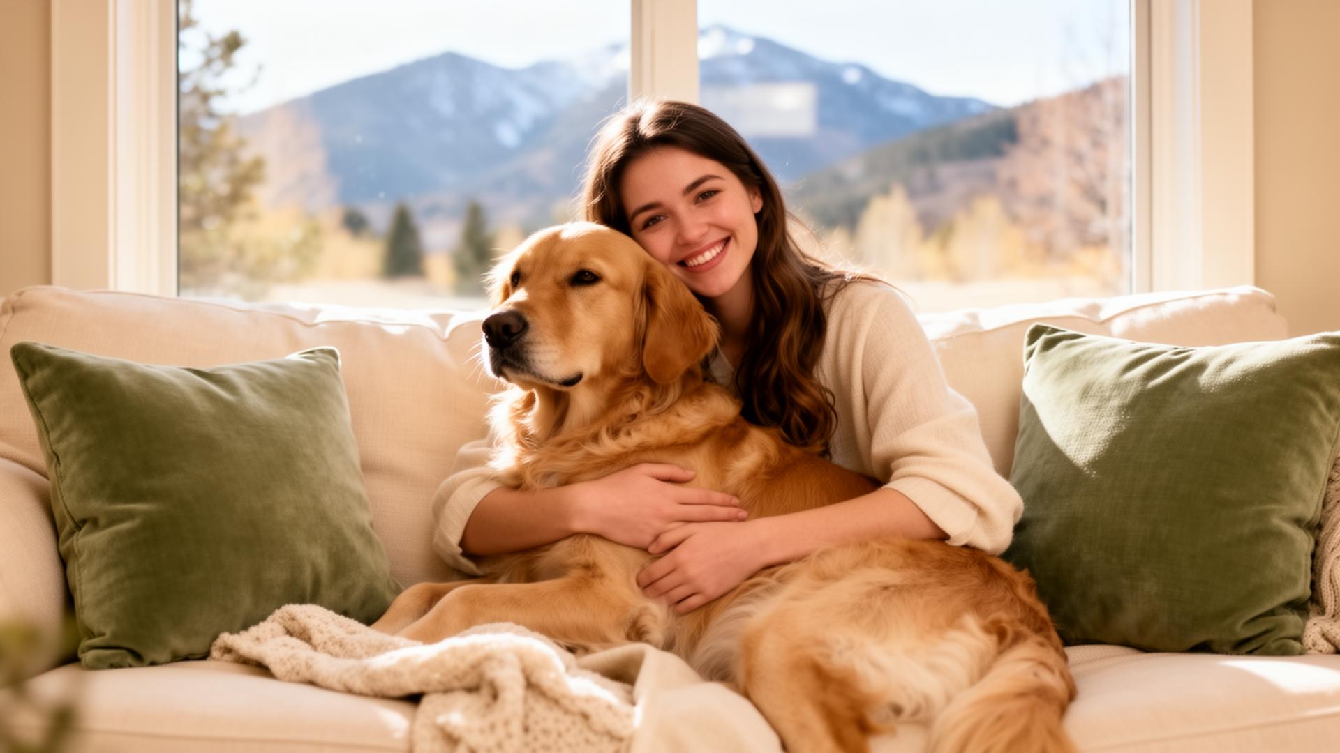 Pet sitter cuddling a golden retriever in a sunlit Colorado home