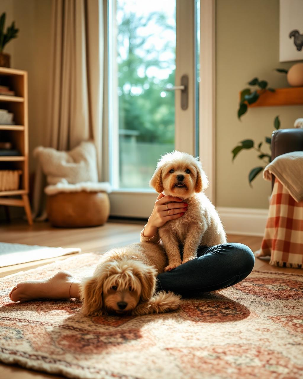 Pet sitter playing with two dogs at home