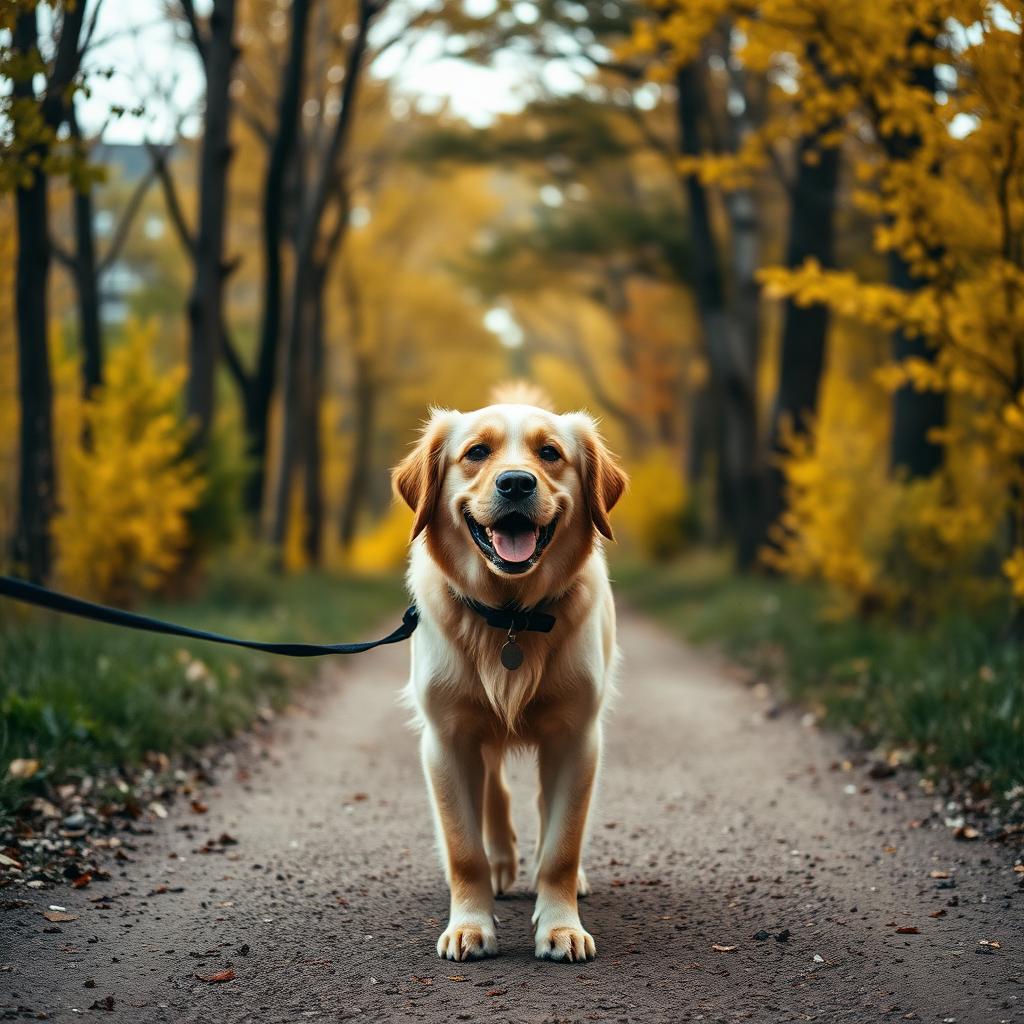 Happy golden dog on a walk